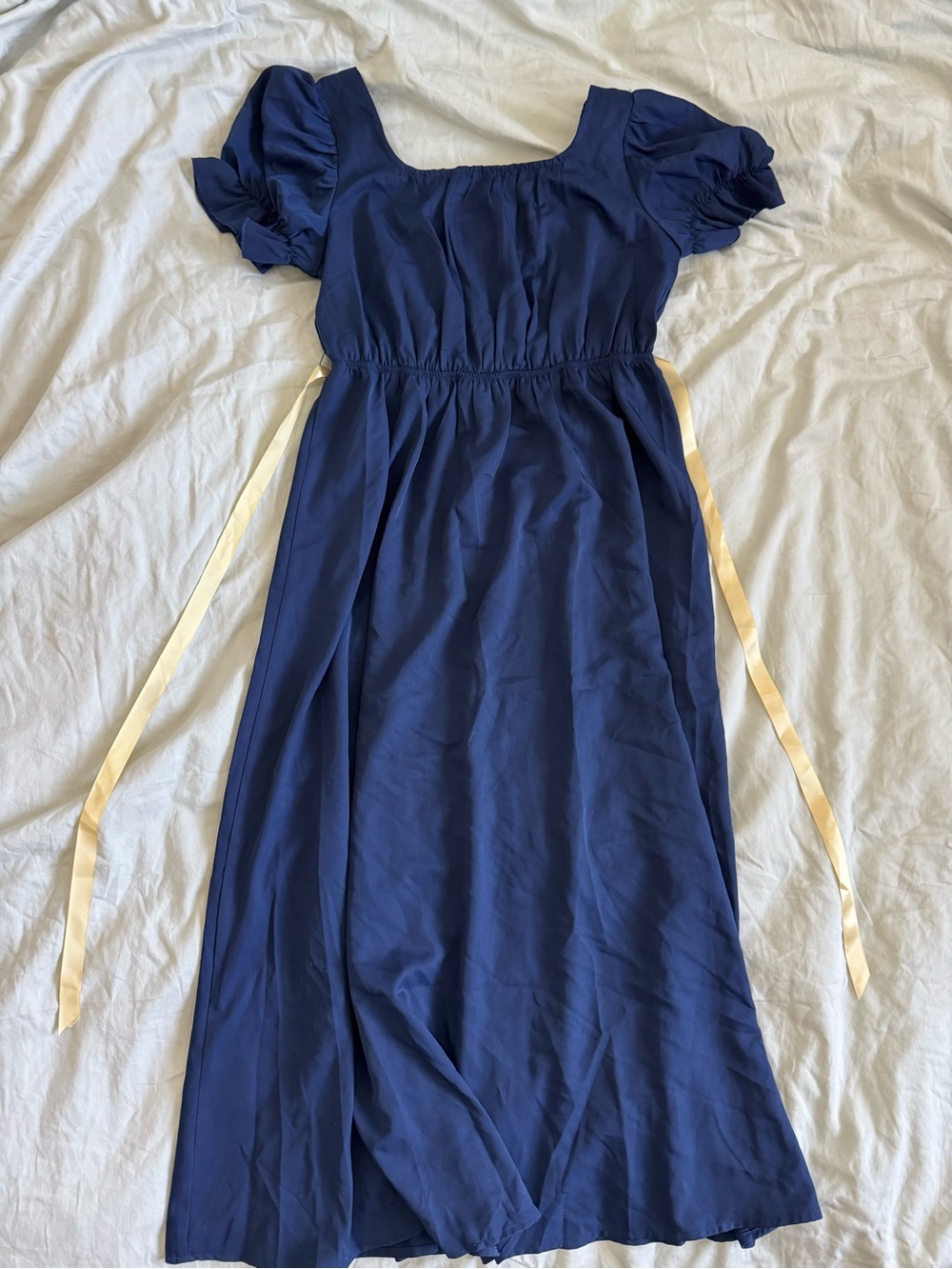 Classic Navy Puff Sleeve Maxi Dress with Side Ties